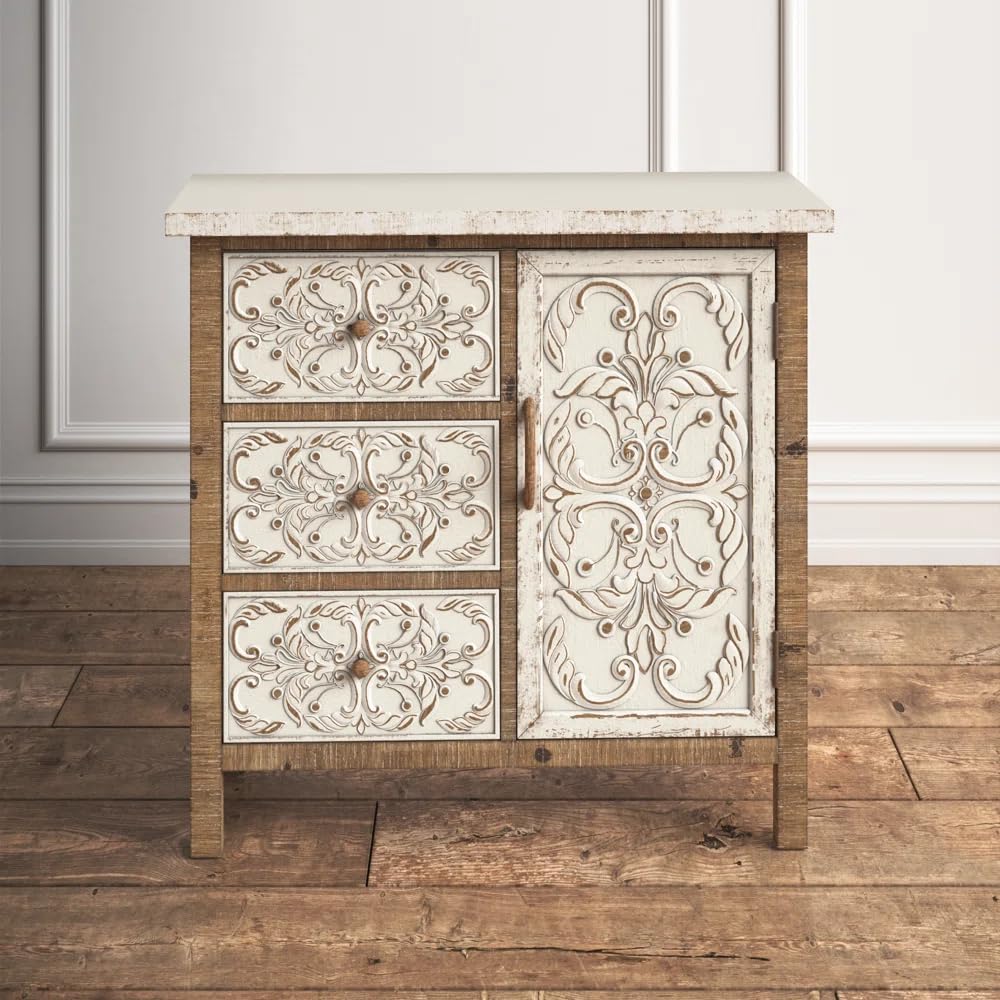 Wooden Cabinet with Three Drawers and One Door - Antique Carved Style for Chic Storage