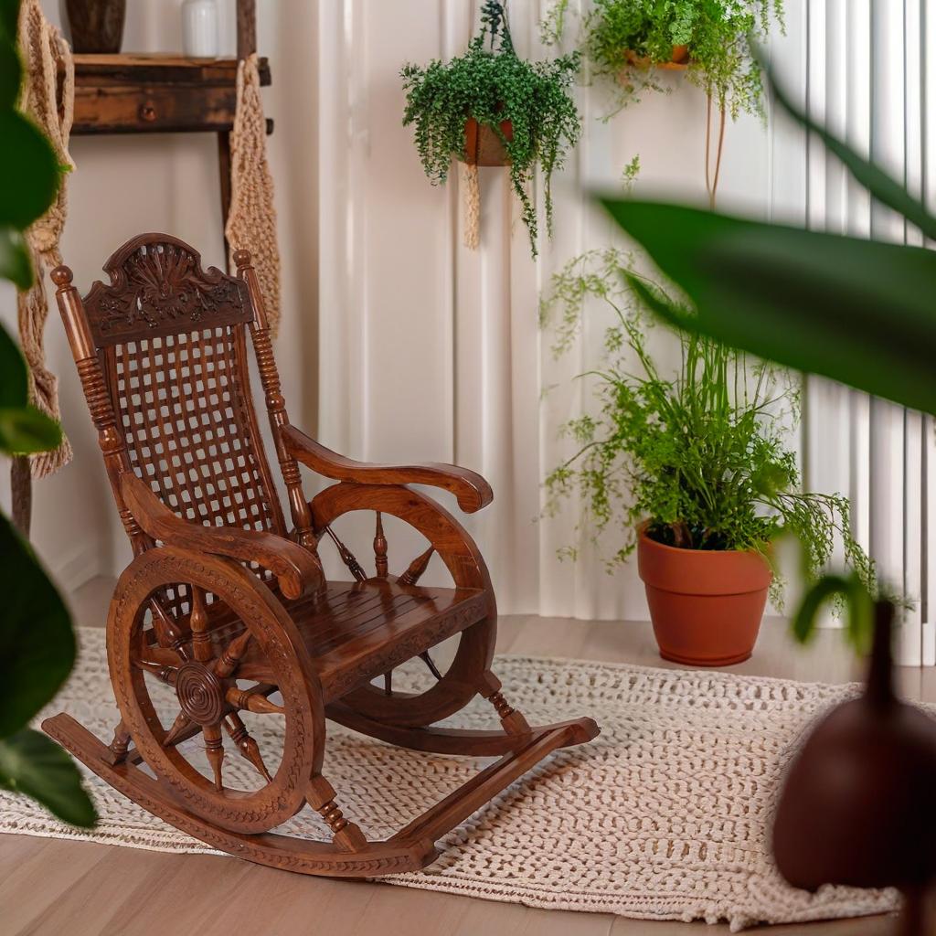 Elegant Sheesham Wood Rocking Chair - Handcrafted Brown Wooden Rocker for Relaxing Indoors