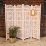 White Wooden Room Partition – 4-Panel Folding Mango Wood Divider for Privacy and Decor