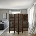 Ring Design Wooden Room Partition – 4 Panels, Foldable, Brown