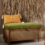 Wooden Rattan Storage Seater | with Velvet Green Cushion