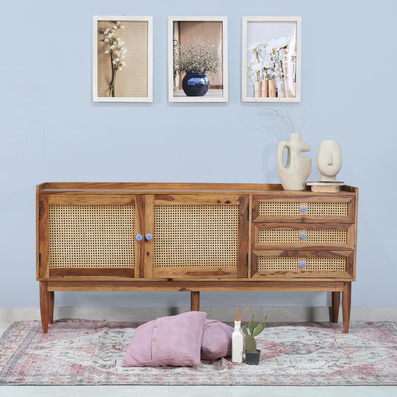 Sheesham Wood TV Cabinet & Sideboard with Cane Design | Spacious Teak Finish Buffet Table