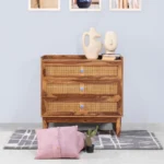 3-Drawer Sheesham Wood Storage Cabinet & Sideboard with Cane Detailing | Teak Finish