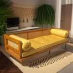 Day Bed Sofa with Mattress & Side Pillows | Solid Mango Wood | Mustard Velvet Fabric