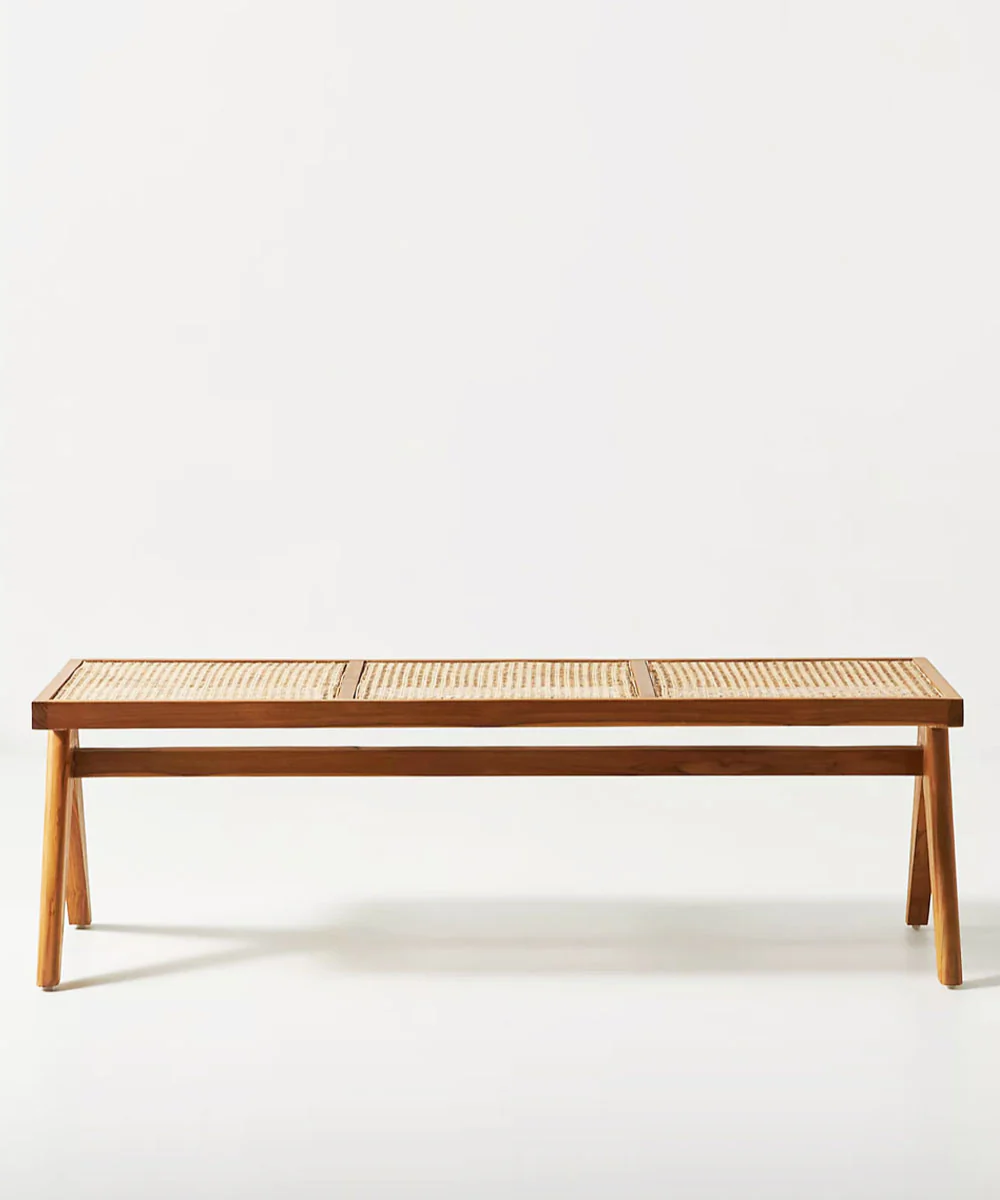 Cane bench in teak finish with rattan weaving, crafted from Sheesham wood by Aesthetic Craft Cane bench in teak finish with rattan weaving, crafted from Sheesham wood by Aesthetic Craft
