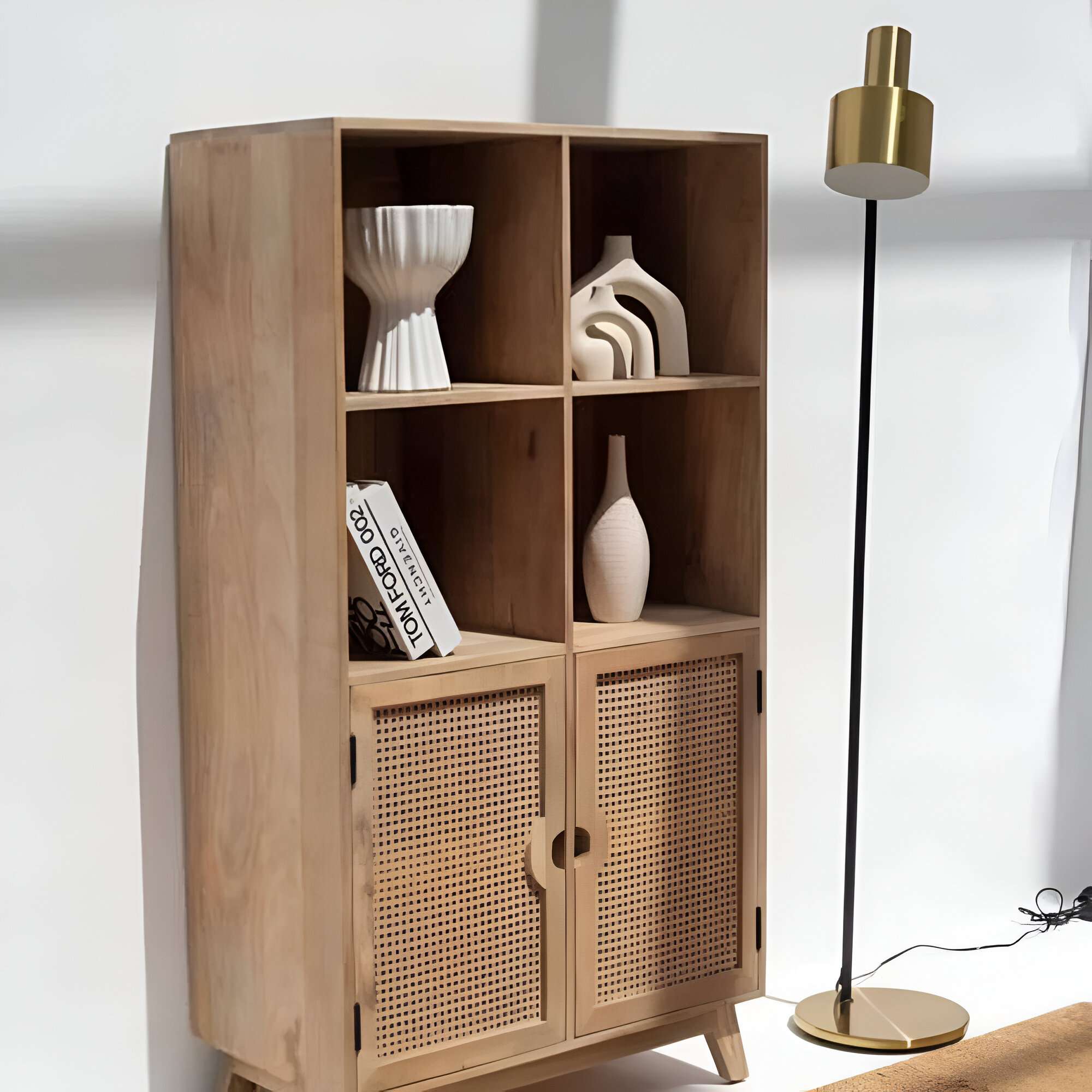 Rattan Display Cabinet | Solid Mango Wood with Natural Polish | Stylish and Functional Aesthetic craft