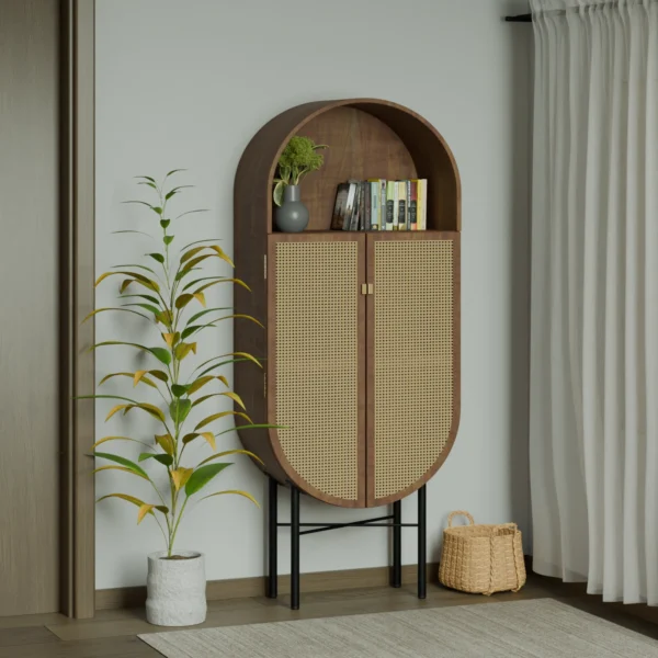 Arc Rattan Cabinet with Wooden Finish | Handcrafted Mango Wood and Rattan Design Aesthetic craft