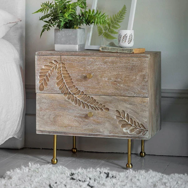 Bedside Drawers | Hand-Carved Mango Wood Cabinet with Iron Stand | Elegant and Durable Aesthetic craft