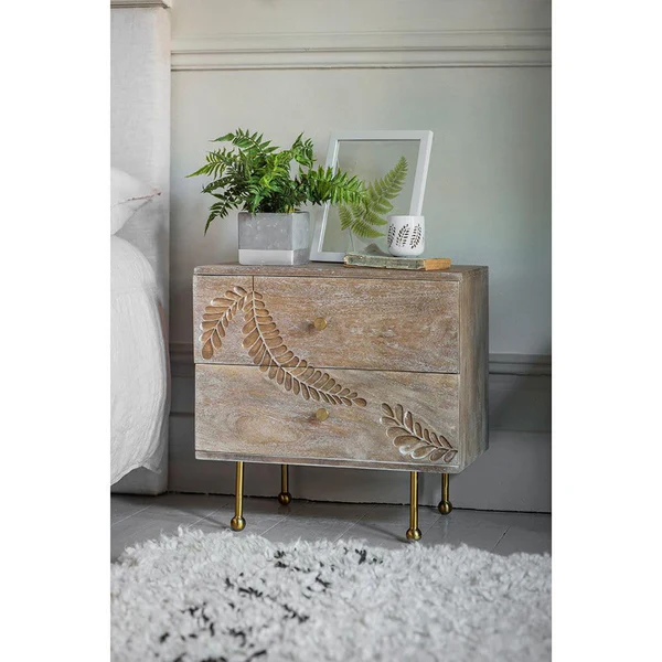 Bedside Drawers | Hand-Carved Mango Wood Cabinet with Iron Stand | Elegant and Durable Aesthetic craft