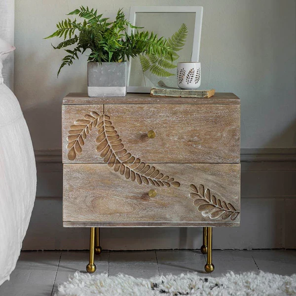Bedside Drawers | Hand-Carved Mango Wood Cabinet with Iron Stand | Elegant and Durable Aesthetic craft
