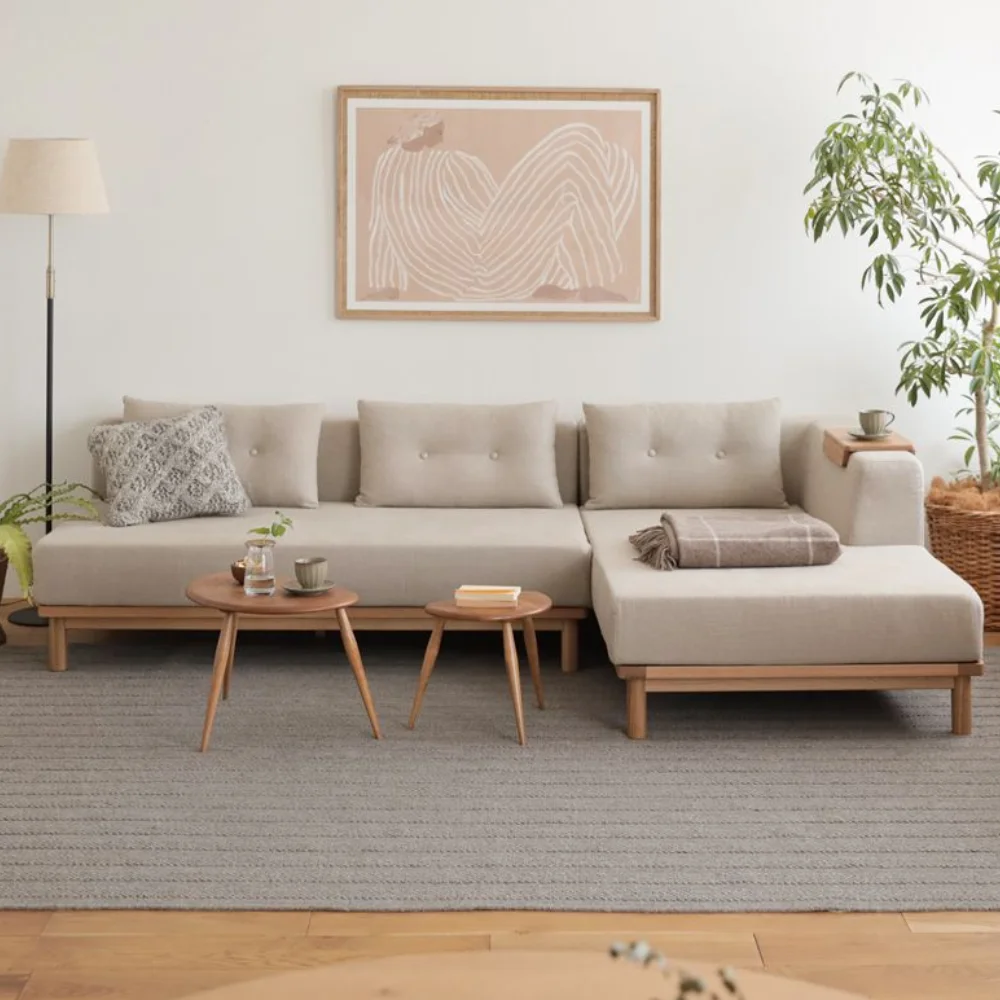Minimalist L-Shaped Wooden Sofa with Sheesham Wood Frame and High-Density Foam Aesthetic craft