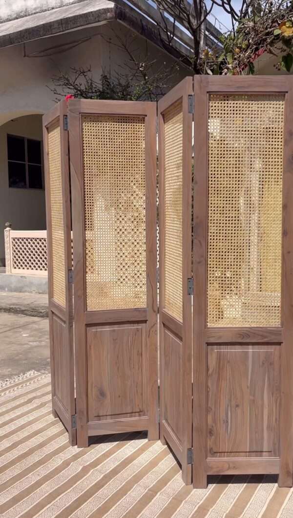 Aesthetic craft Cane Wooden Room Partition | Mango Wood & Cane Divider | Handcrafted Foldable Privacy Screen 4 Panel
