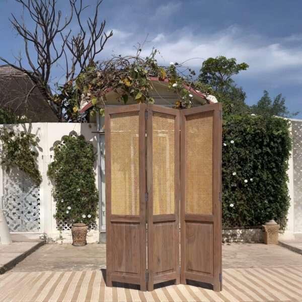 Aesthetic craft Cane Wooden Room Partition | Mango Wood & Cane Divider | Handcrafted Foldable Privacy Screen 4 Panel