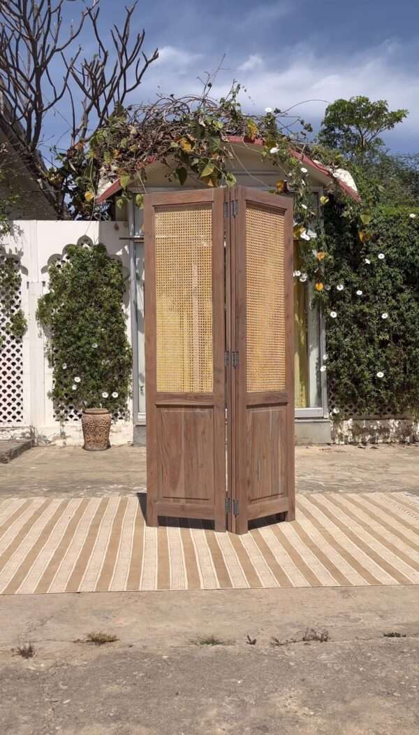Aesthetic craft Cane Wooden Room Partition | Mango Wood & Cane Divider | Handcrafted Foldable Privacy Screen 4 Panel