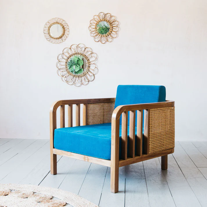 Pearl Chair | Mango Wood Armchair with Cane Backrest & Velvet Cushion Aesthetic craft