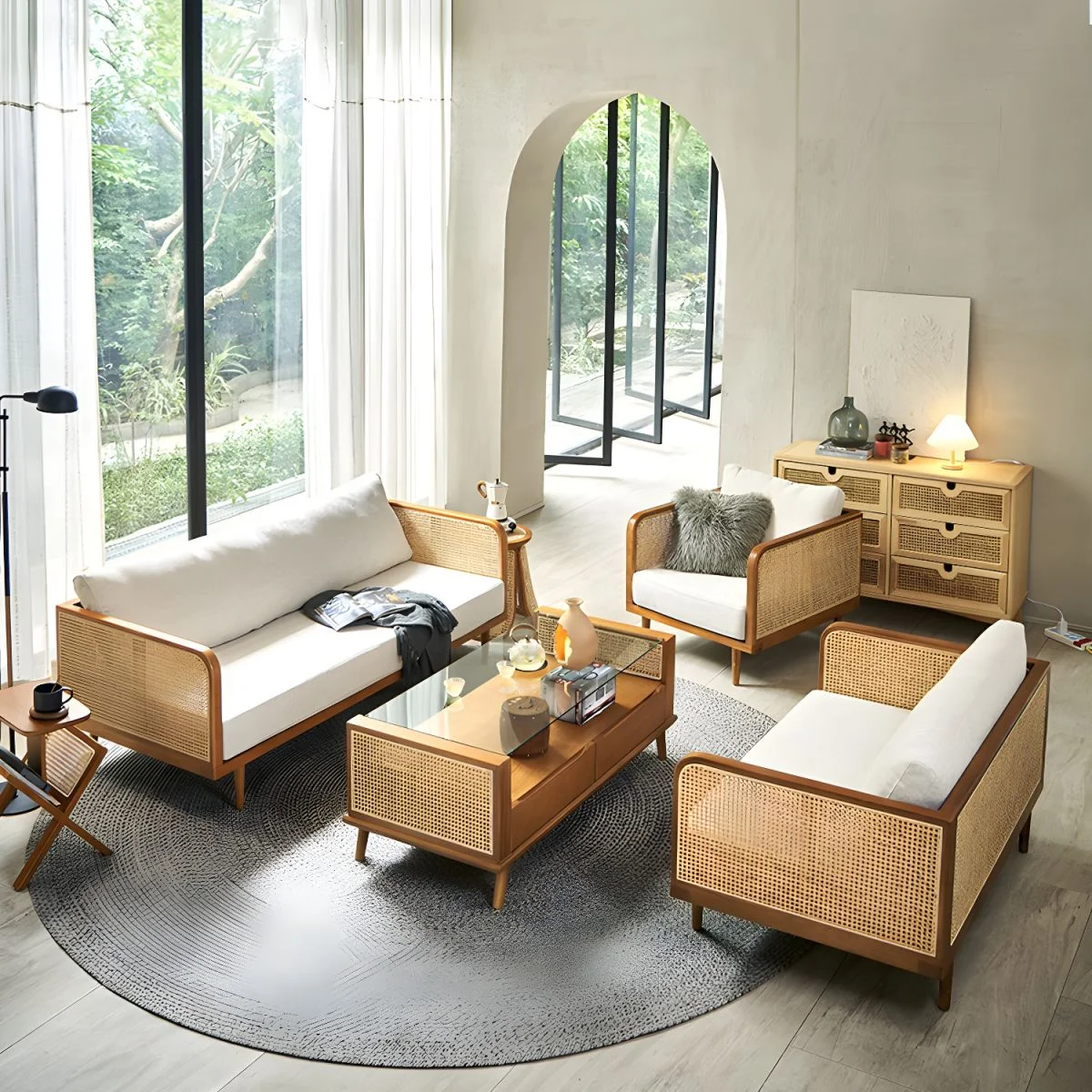 Aesthetic craft Cane-Regal Solid Wood Sofa Set | Handcrafted Acacia Wood & Cane Seating | Velvet Upholstery Aesthetic craft Cane-Regal Solid Wood Sofa Set | Handcrafted Acacia Wood & Cane Seating | Velvet Upholstery