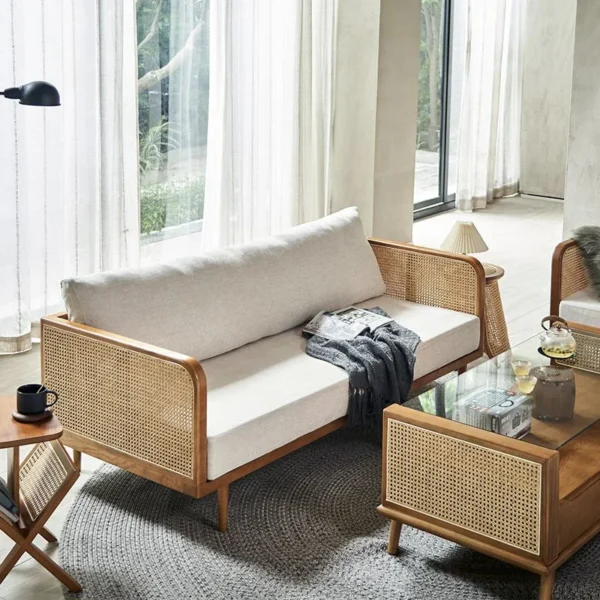 Aesthetic craft Cane-Regal Solid Wood Sofa Set | Handcrafted Acacia Wood & Cane Seating | Velvet Upholstery