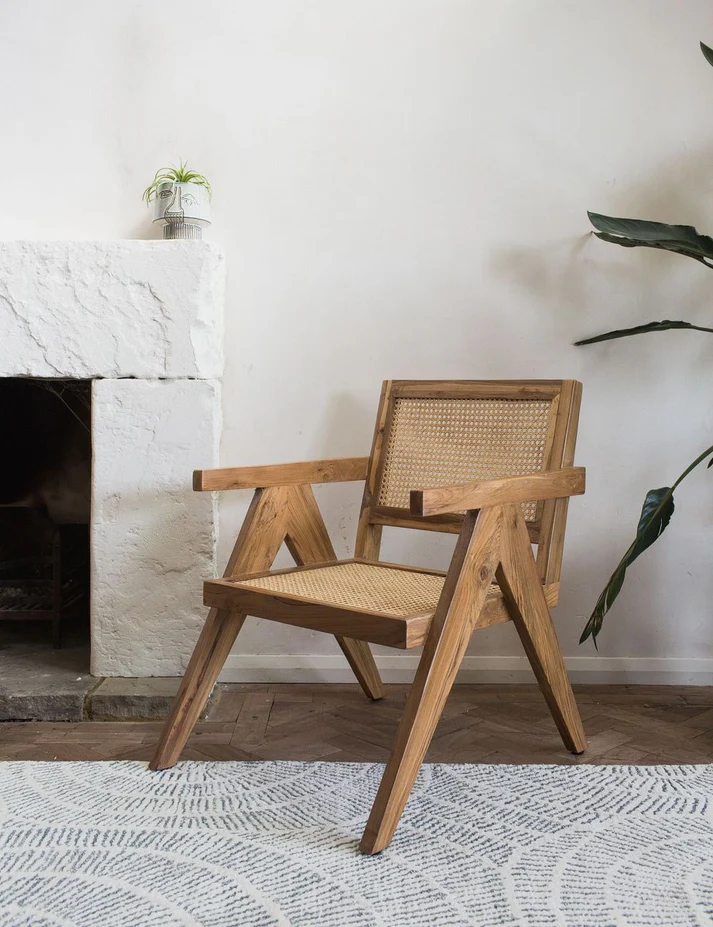 Pearl Arm Chair | Mango Wood Chair with Cane Rattan Seat & Vintage Design Aesthetic craft