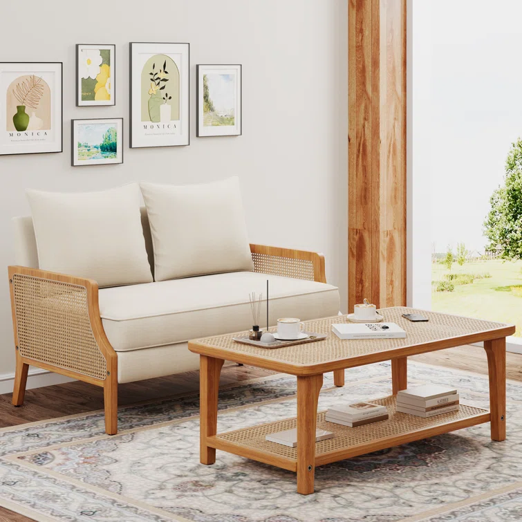 Natural mango wood loveseat and cane coffee table 2-piece set Aestheticcraft