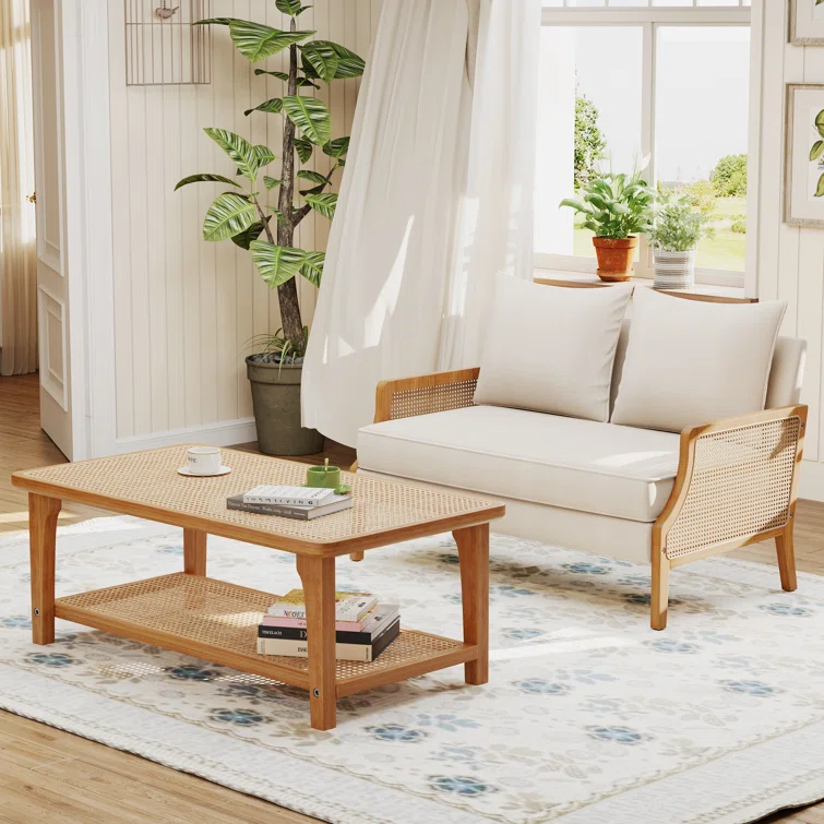 Natural mango wood loveseat and cane coffee table 2-piece set Aestheticcraft