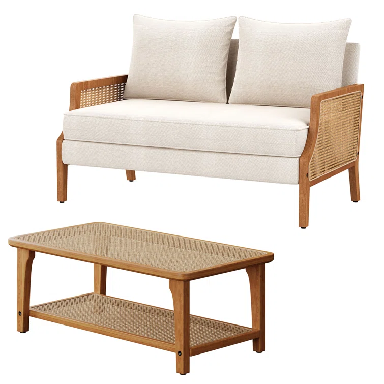 Natural mango wood loveseat and cane coffee table 2-piece set Aestheticcraft