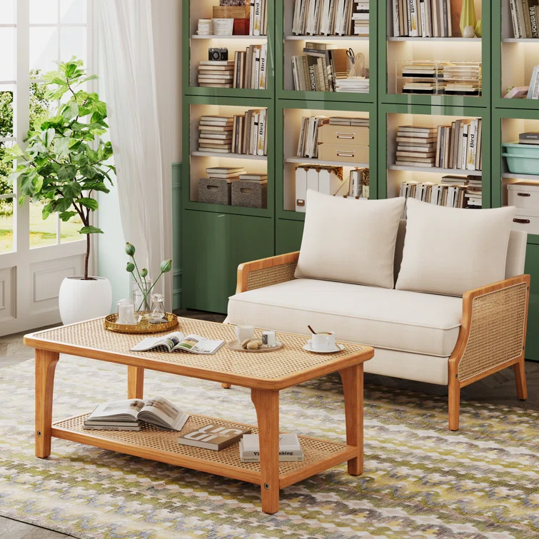 Natural mango wood loveseat and cane coffee table 2-piece set Aestheticcraft