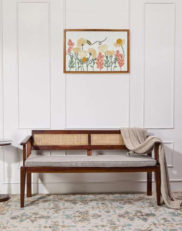 Natural mango wood 3-seater upholstered bench with cane accents Aesthetic craft