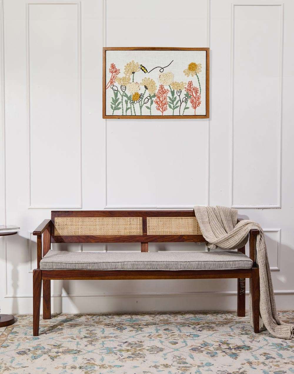 Natural mango wood 3-seater upholstered bench with cane accents Aesthetic craft Natural mango wood 3-seater upholstered bench with cane accents Aesthetic craft