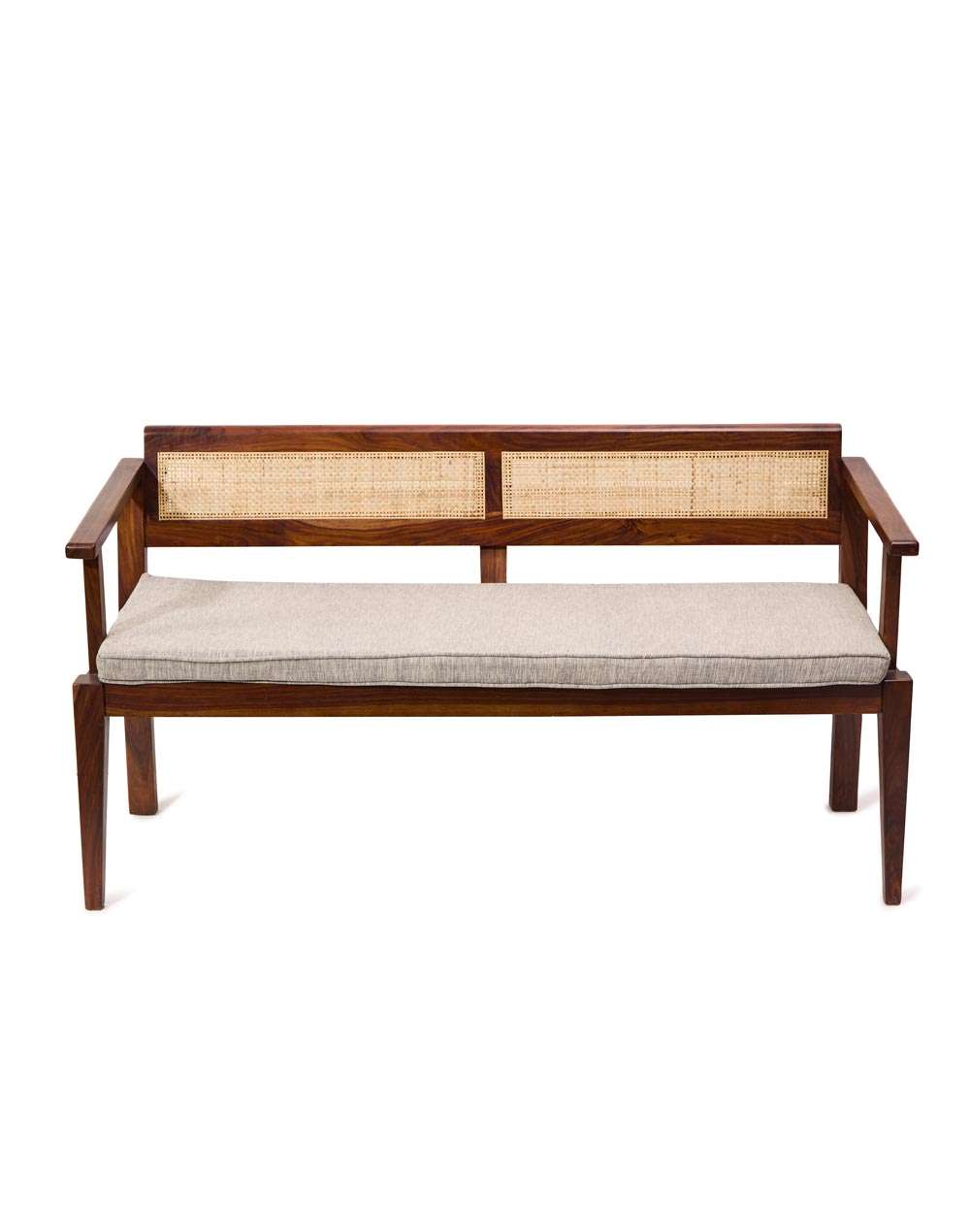 Natural mango wood 3-seater upholstered bench with cane accents Aesthetic craft Natural mango wood 3-seater upholstered bench with cane accents Aesthetic craft