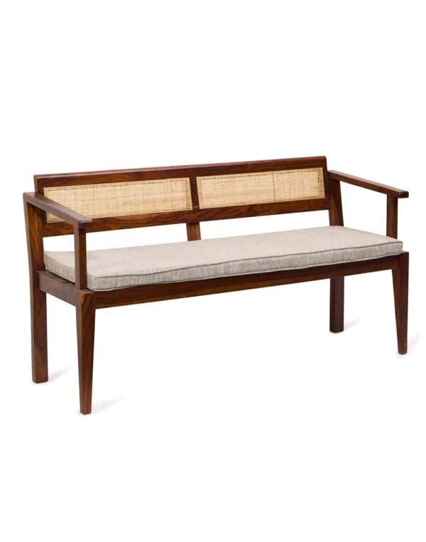 Natural mango wood 3-seater upholstered bench with cane accents Aesthetic craft