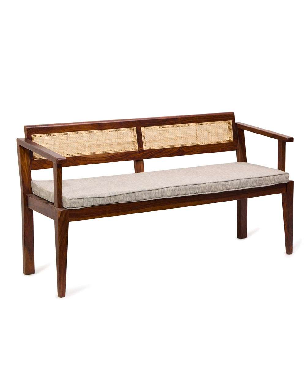 Natural mango wood 3-seater upholstered bench with cane accents Aesthetic craft Natural mango wood 3-seater upholstered bench with cane accents Aesthetic craft