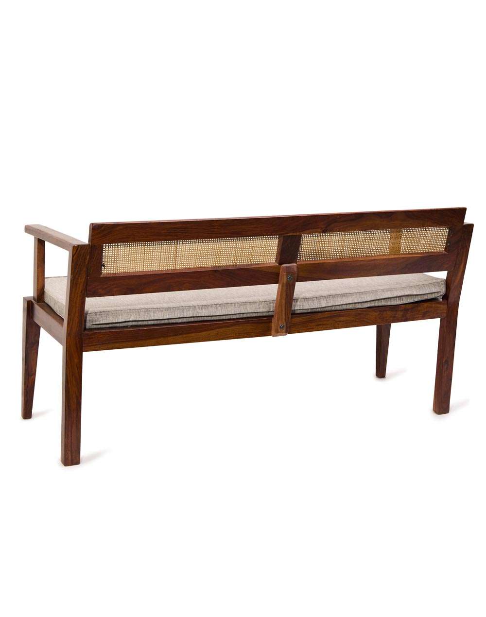 Natural mango wood 3-seater upholstered bench with cane accents Aesthetic craft Natural mango wood 3-seater upholstered bench with cane accents Aesthetic craft