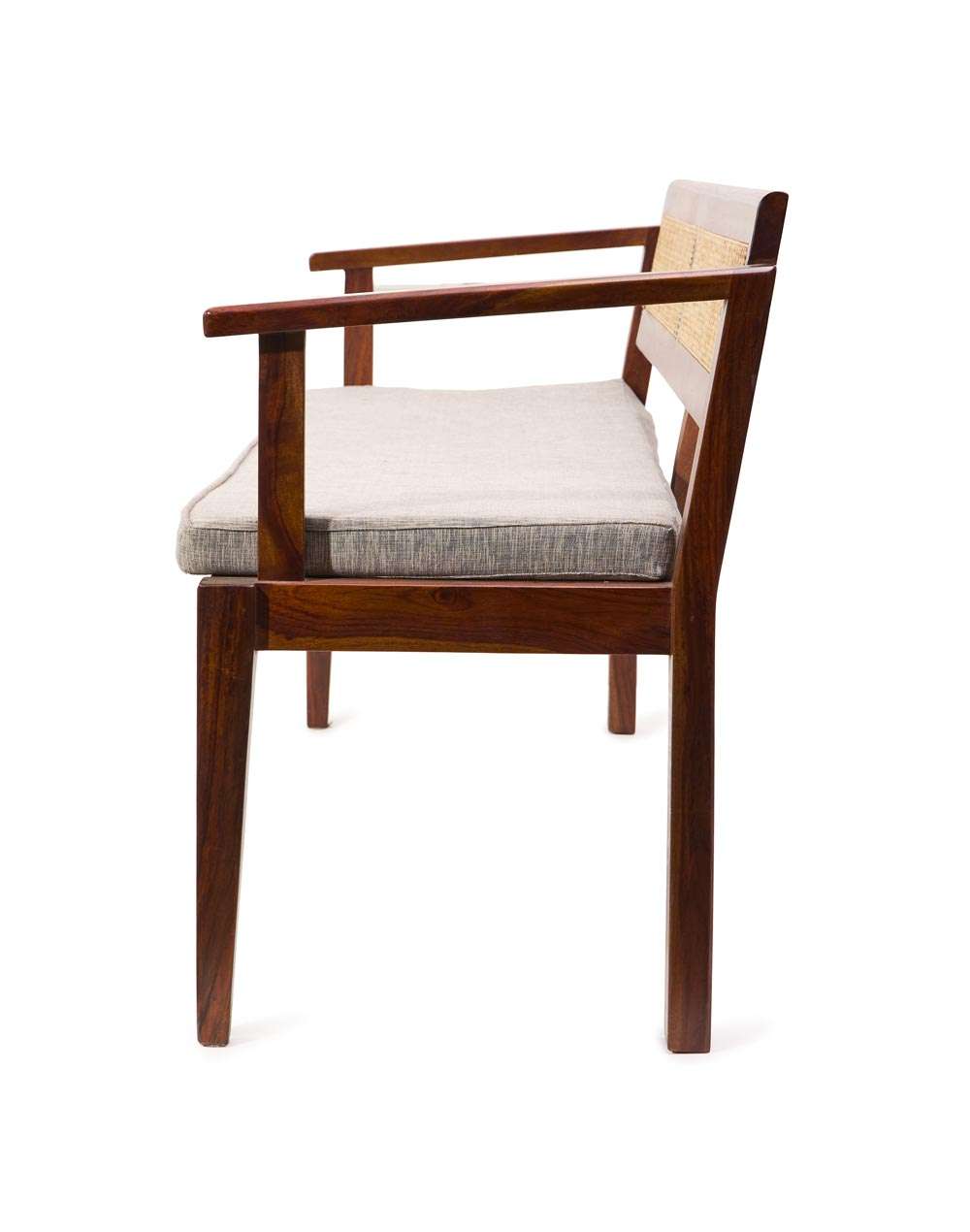 Natural mango wood 3-seater upholstered bench with cane accents Aesthetic craft Natural mango wood 3-seater upholstered bench with cane accents Aesthetic craft