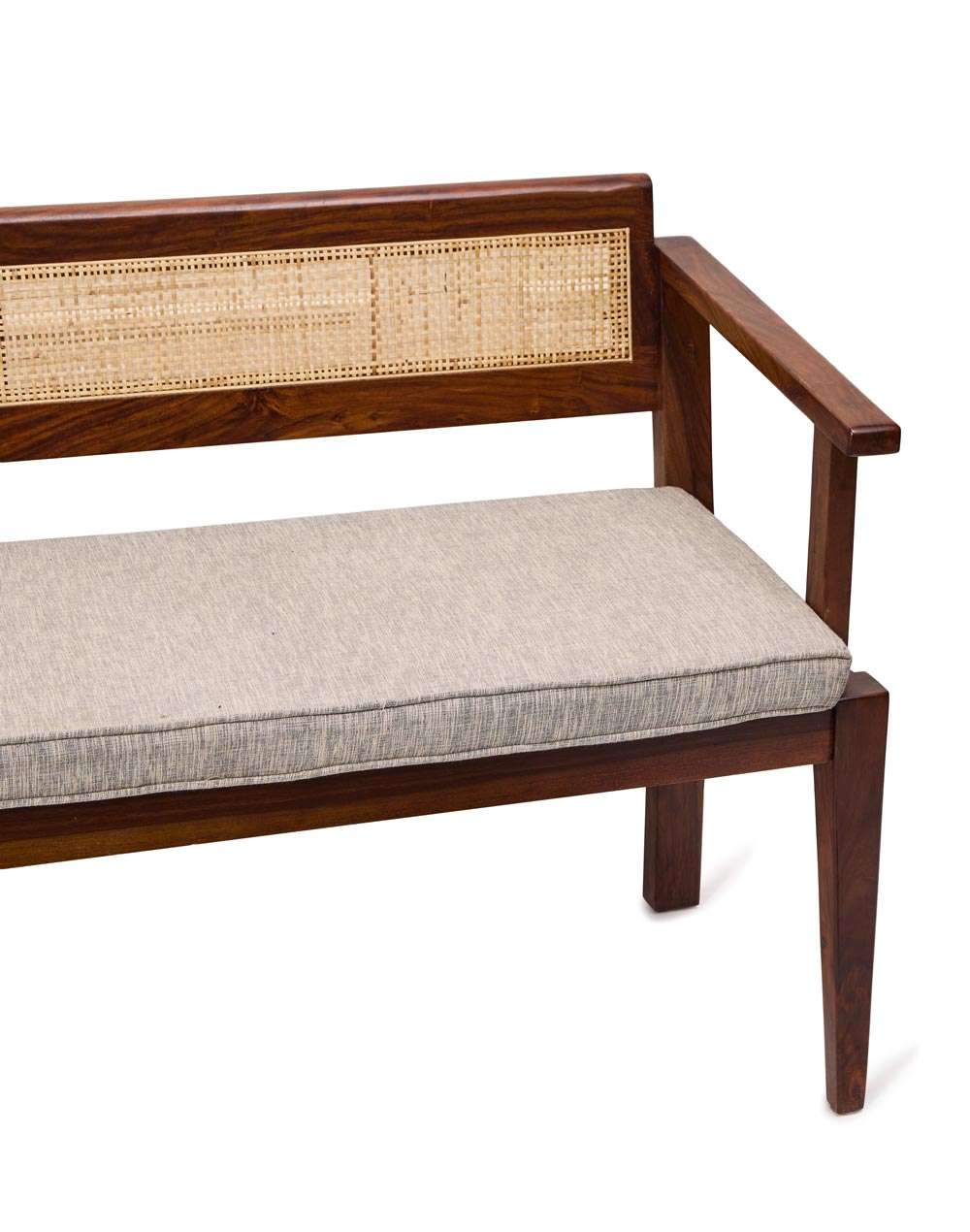 Natural mango wood 3-seater upholstered bench with cane accents Aesthetic craft Natural mango wood 3-seater upholstered bench with cane accents Aesthetic craft