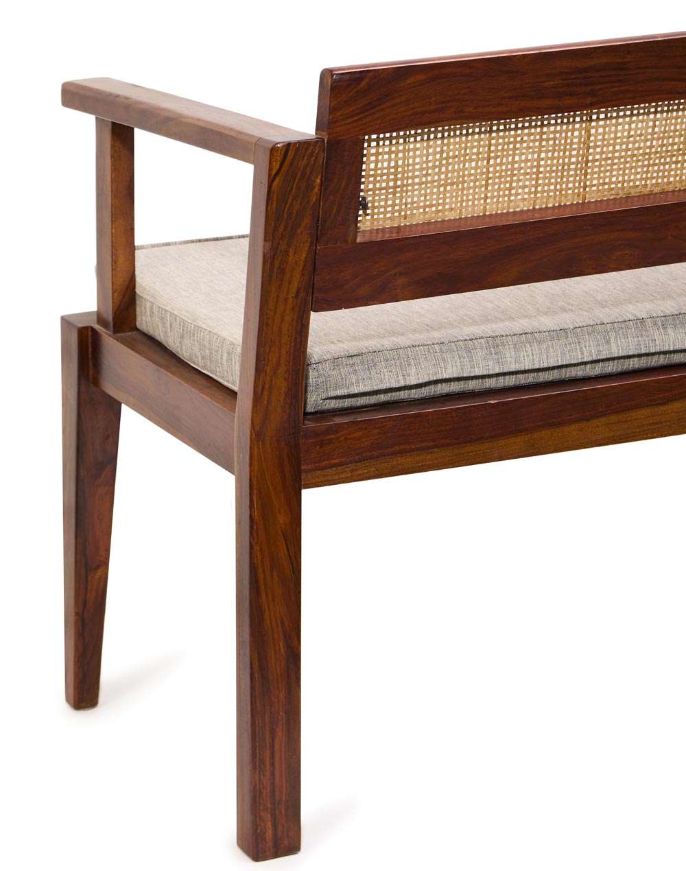 Natural mango wood 3-seater upholstered bench with cane accents Aesthetic craft Natural mango wood 3-seater upholstered bench with cane accents Aesthetic craft