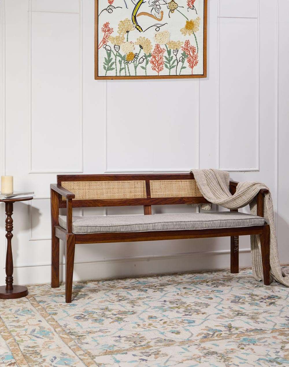 Natural mango wood 3-seater upholstered bench with cane accents Aesthetic craft