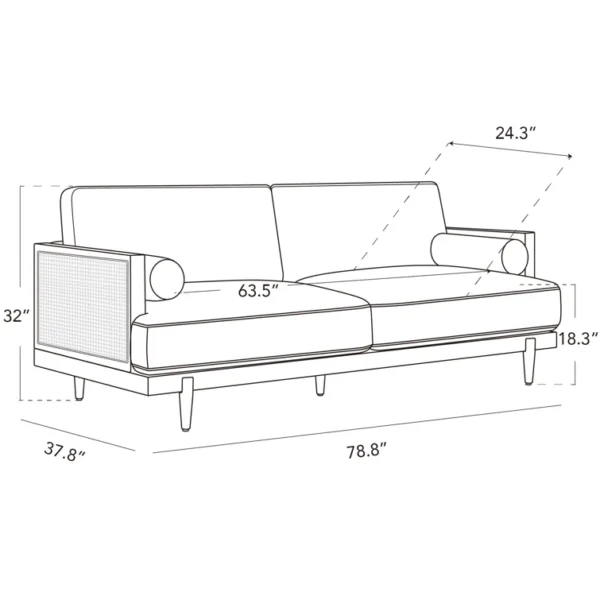 Natural mango wood and cane upholstered sofa with wide cushioned seat Aesthetic craft