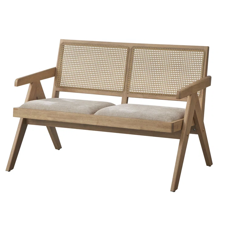 Wooden Cane Bench with Handwoven Backrest and Arms Aesthetic craft