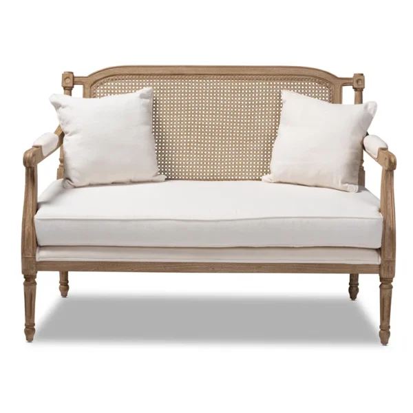 French provincial whitewashed wood armchair with cane back and upholstered seat Aesthetic craft