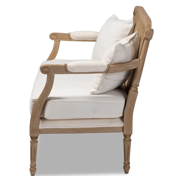 French provincial whitewashed wood armchair with cane back and upholstered seat Aesthetic craft