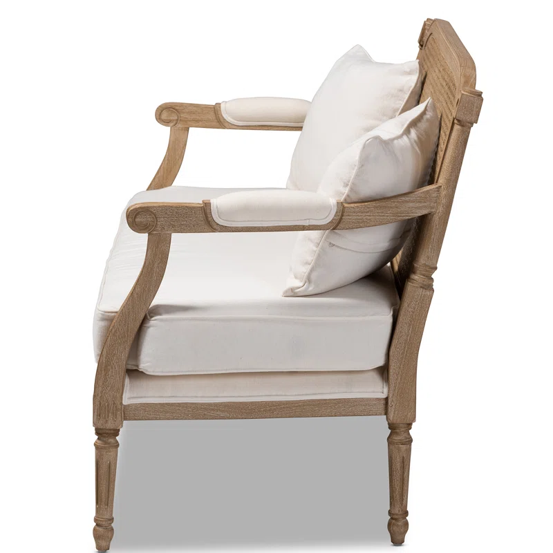 French provincial whitewashed wood armchair with cane back and upholstered seat Aesthetic craft French provincial whitewashed wood armchair with cane back and upholstered seat Aesthetic craft