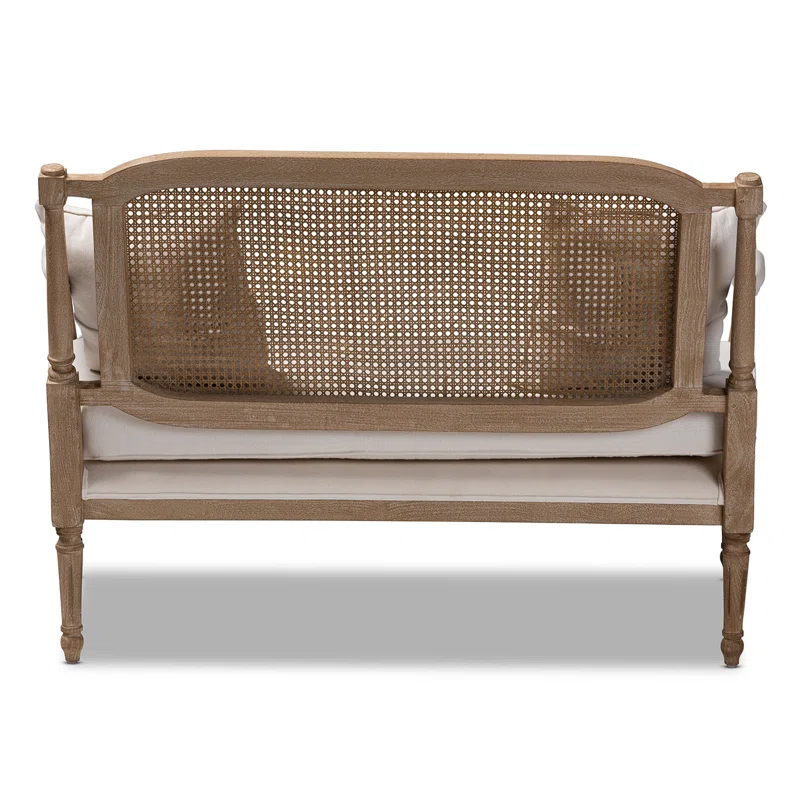 French provincial whitewashed wood armchair with cane back and upholstered seat Aesthetic craft French provincial whitewashed wood armchair with cane back and upholstered seat Aesthetic craft