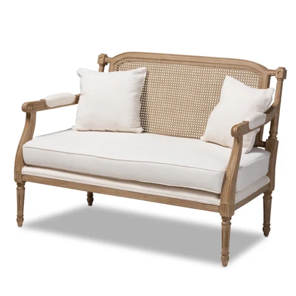 French provincial whitewashed wood armchair with cane back and upholstered seat Aesthetic craft