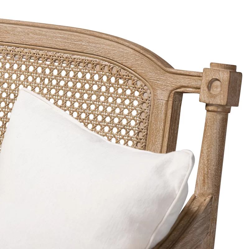 French provincial whitewashed wood armchair with cane back and upholstered seat Aesthetic craft French provincial whitewashed wood armchair with cane back and upholstered seat Aesthetic craft