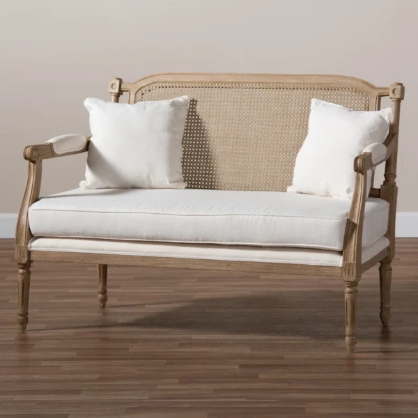 French provincial whitewashed wood armchair with cane back and upholstered seat Aesthetic craft