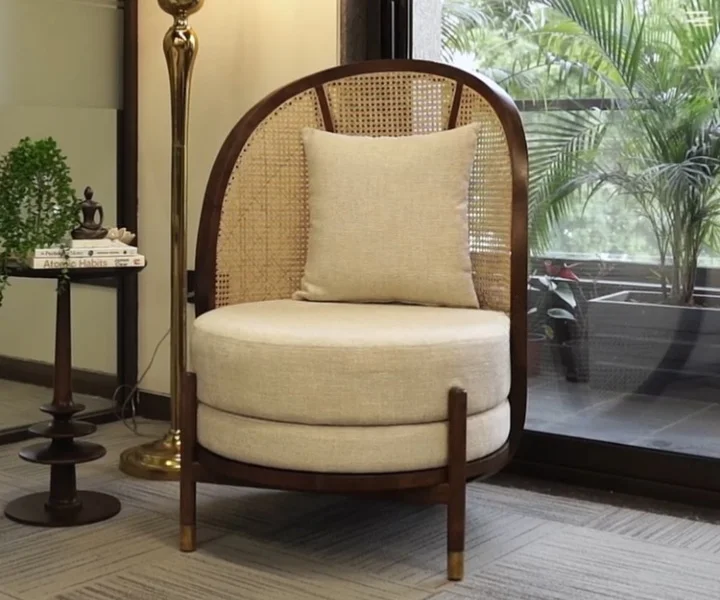 Curved Teak Wood Chair with Handwoven Cane Backrest and Seat Aesthetic craft