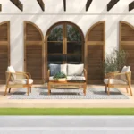 Outdoor Wood and Wicker Lounge Seating Set with Cushions