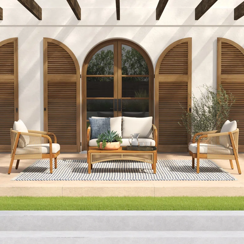 Outdoor mango wood and wicker lounge set with chairs, loveseat, table, and cushions Aesthetic craft