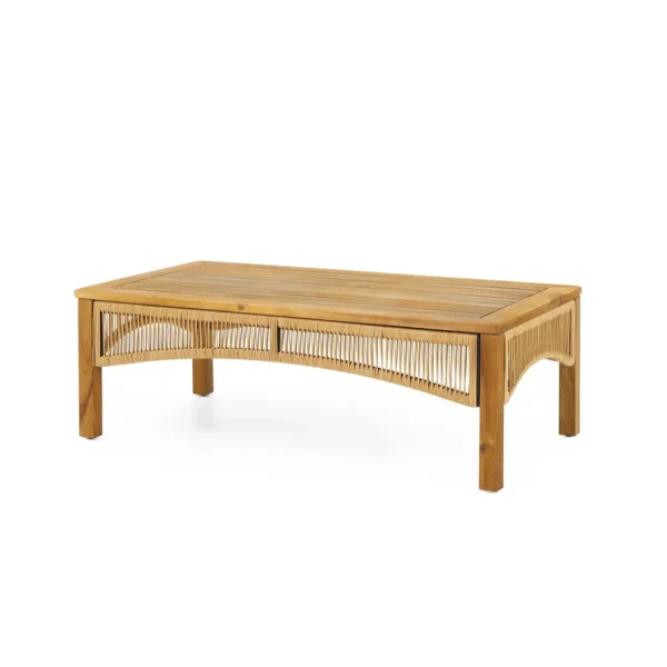 Outdoor mango wood and wicker lounge set with chairs, loveseat, table, and cushions Aesthetic craft