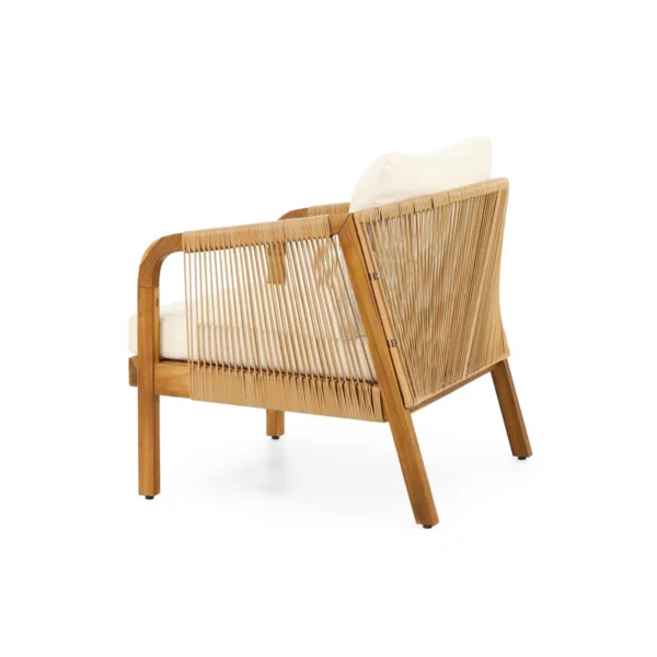 Outdoor mango wood and wicker lounge set with chairs, loveseat, table, and cushions Aesthetic craft